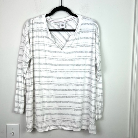 CAbi ATC Habit Tee Size M Long Sleeve Oversized Gray White Stripe Rayon Top - Picture 1 of 8
